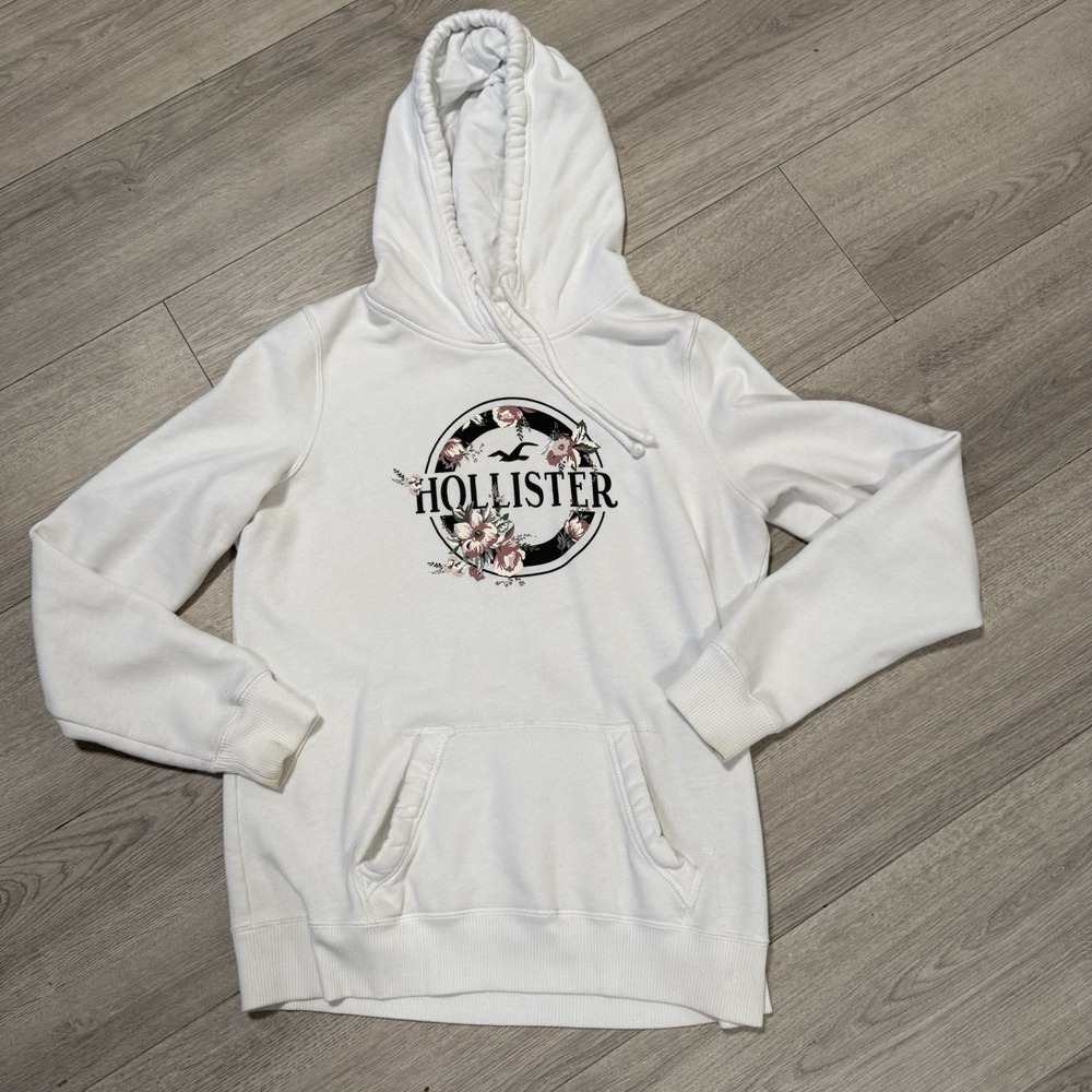 Hollister California Womens White Floral Logo Pullover Hoodie Sweatshirt Medium
